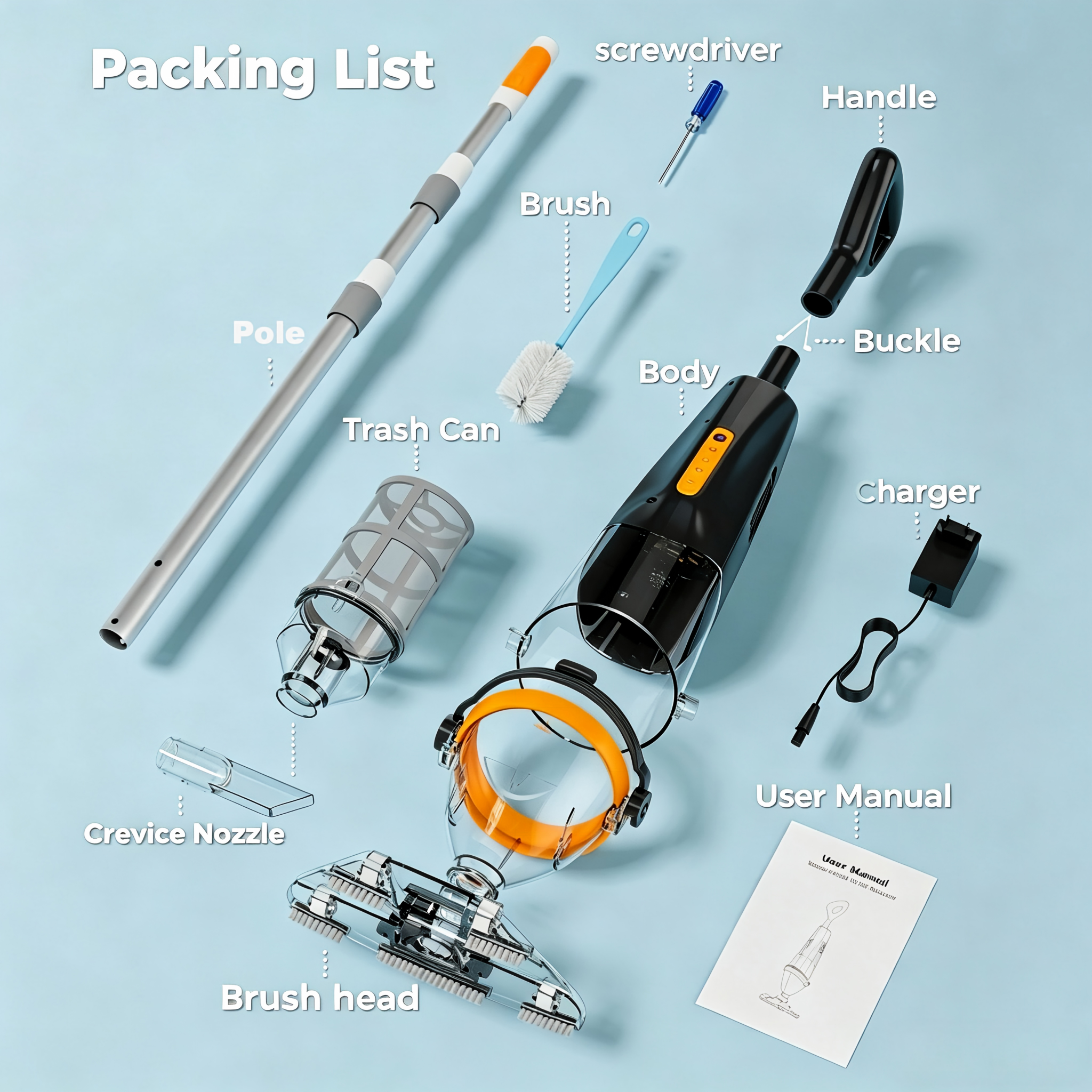 Full accessories packing list of shark pool cleaner