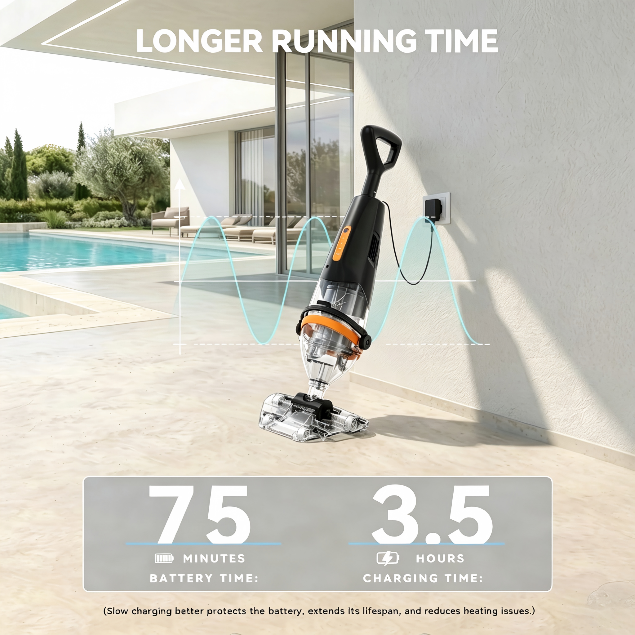 Long runtime display: 75 mins working pool vacuum