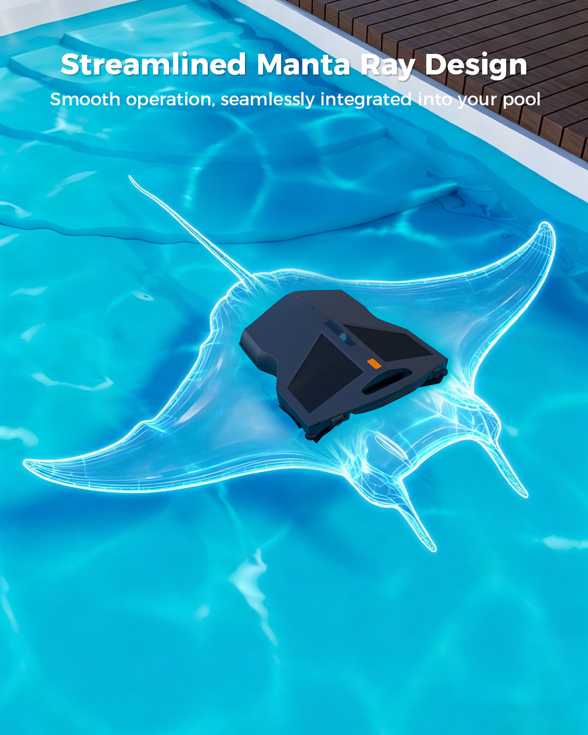 Manta M1 robotic pool skimmer with manta ray streamlined design