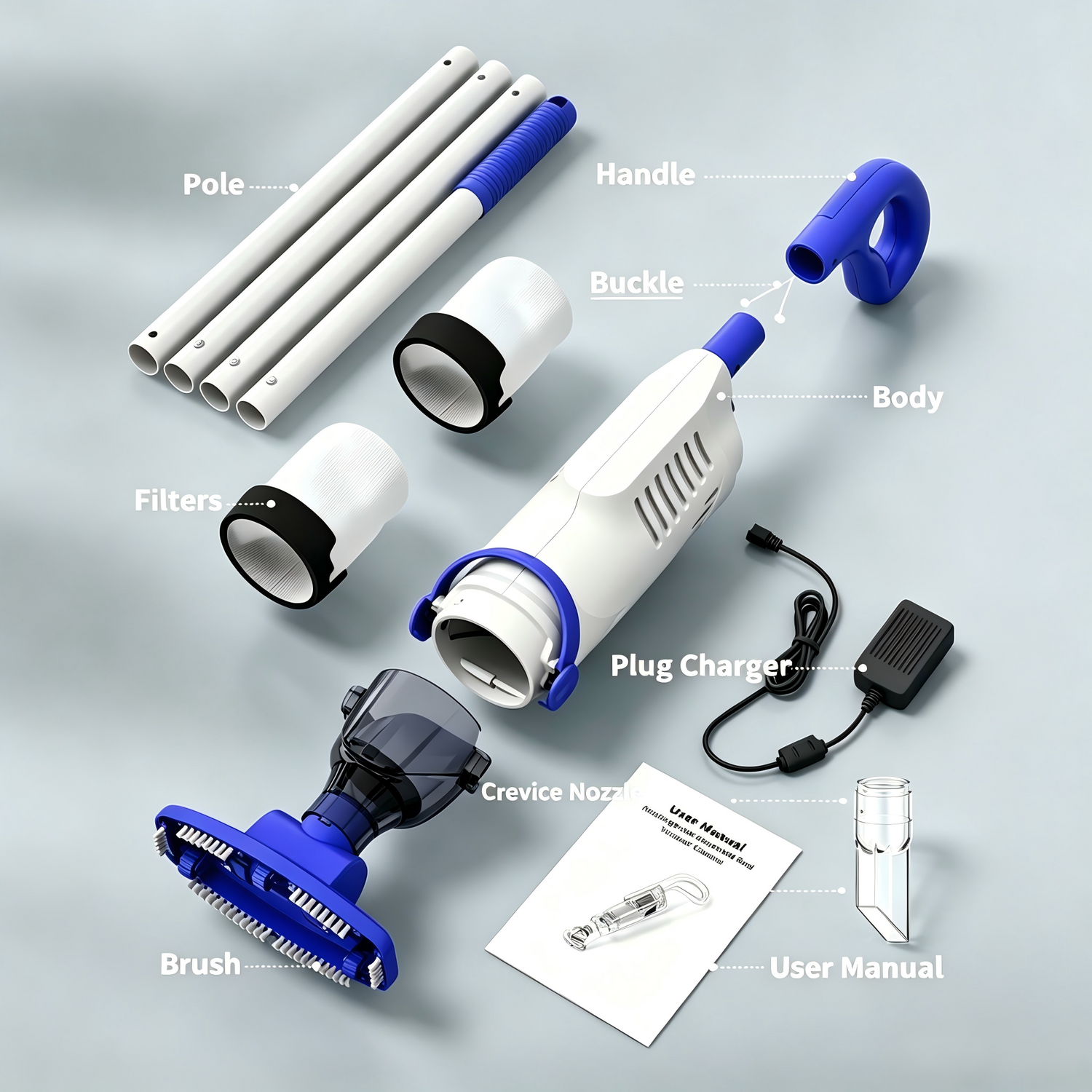 Full set accessories flat lay of cordless pool vacuum