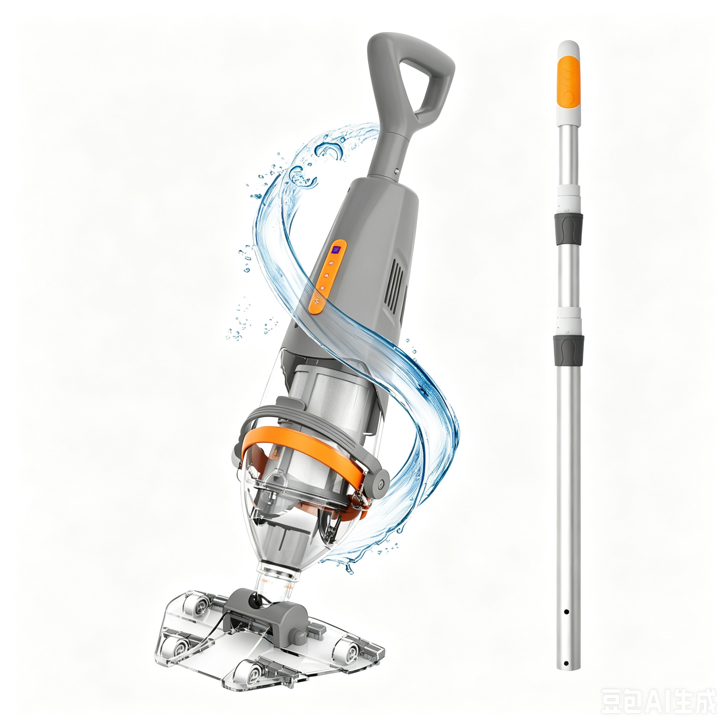 Gray shark pool vacuum with extension pole, underwater splash render