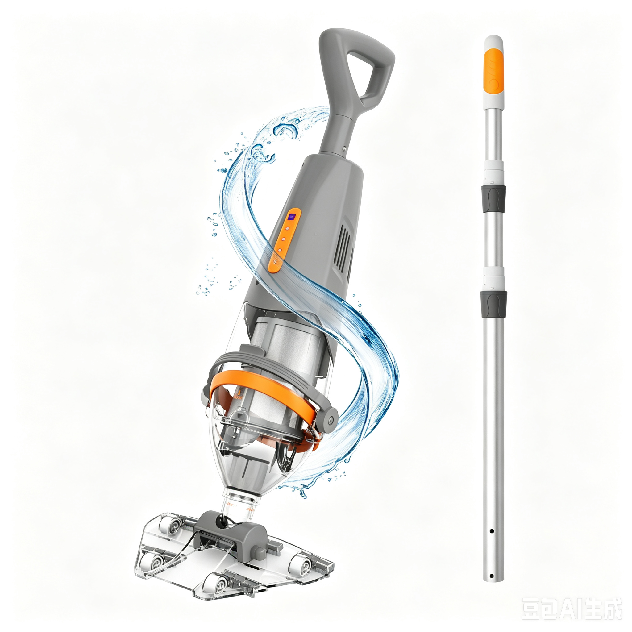 Gray shark pool vacuum with extension pole, underwater splash render