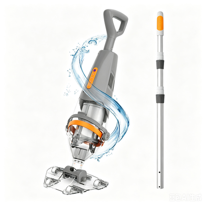 Gray shark pool vacuum with extension pole, underwater splash render