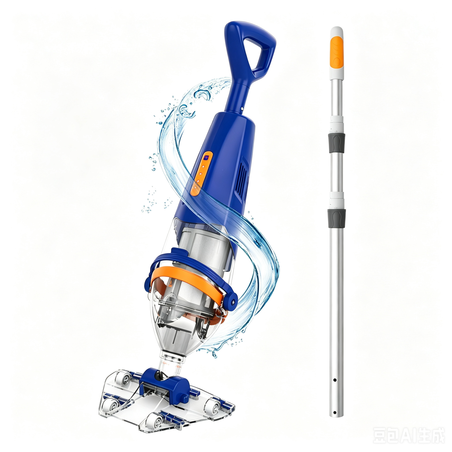 Blue shark pool vacuum with extension pole, underwater splash render