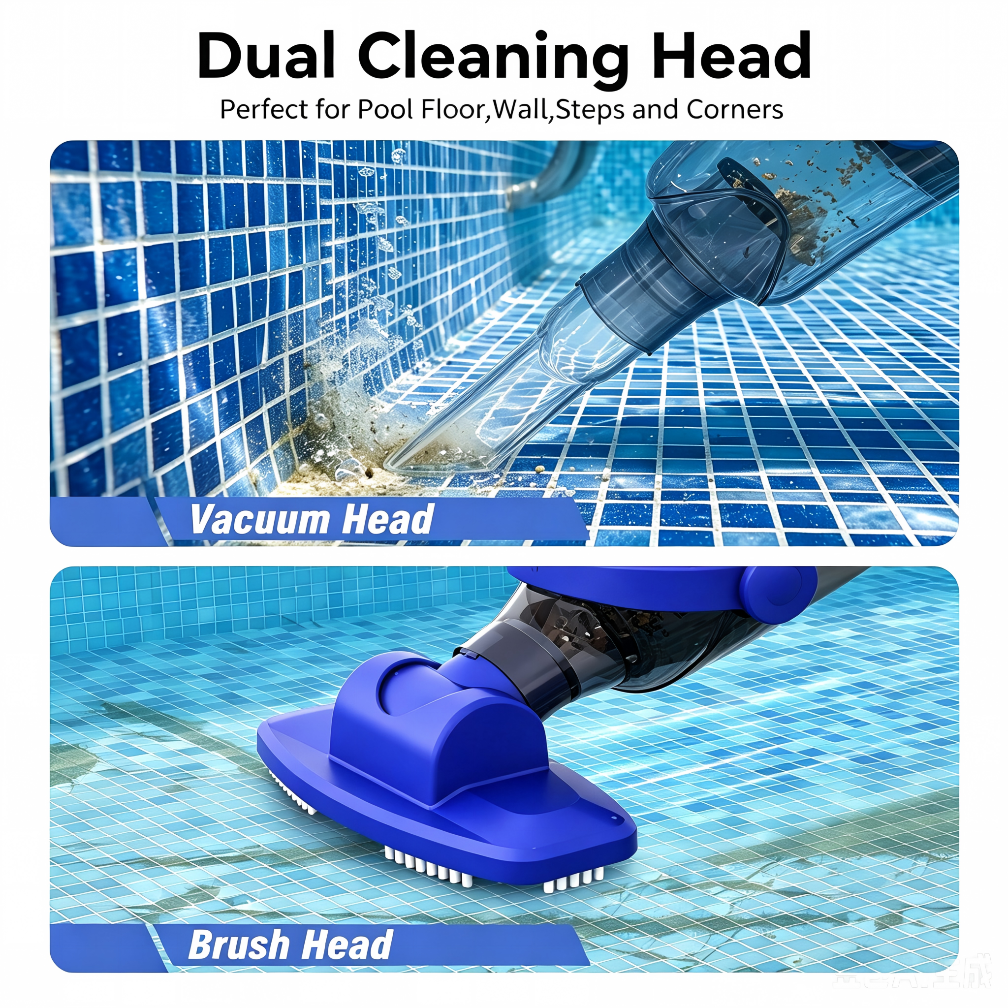 Dual cleaning heads demo: suction head &amp; brush head for pool tiles