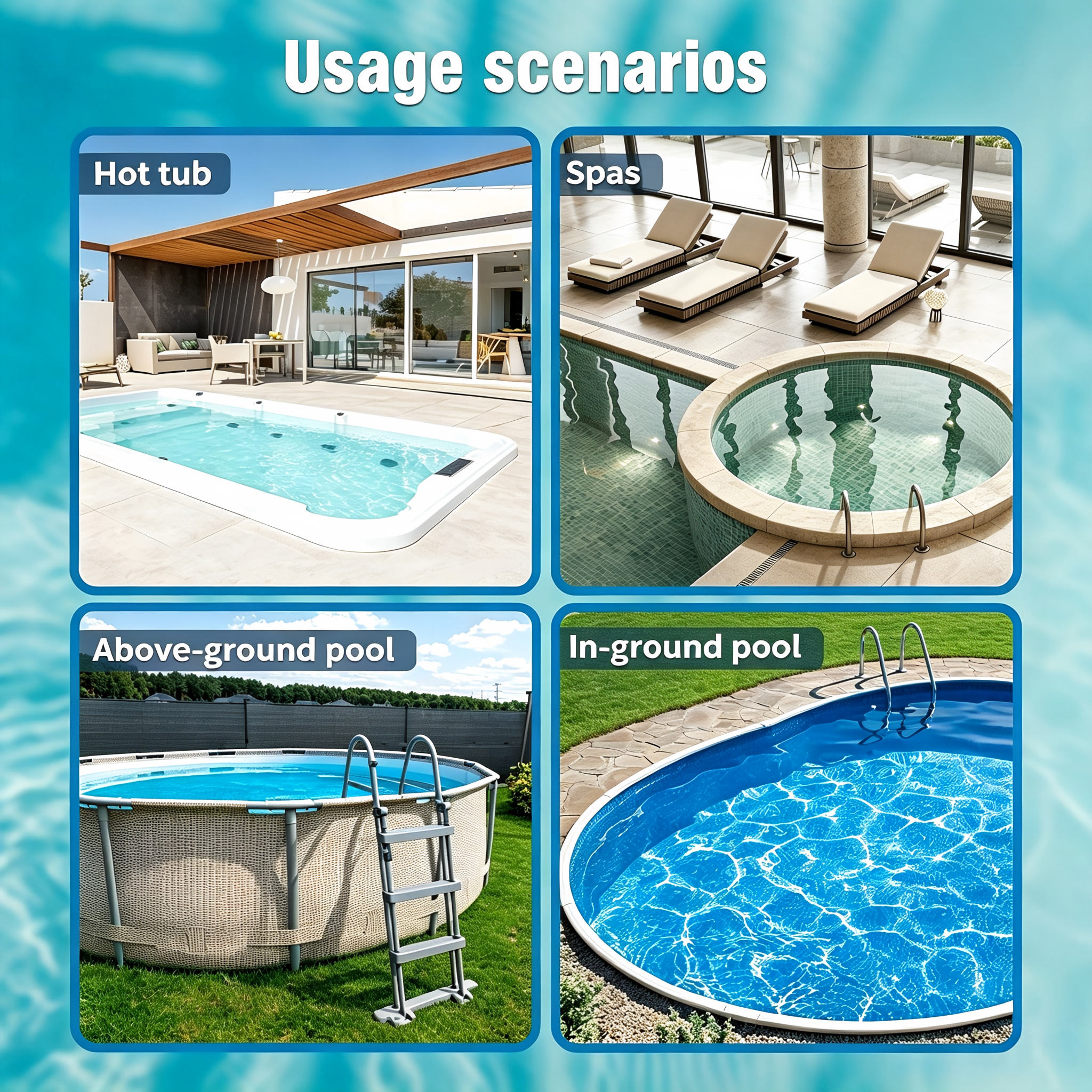 Multi usage scenes: in-ground, above-ground pool &amp; spa