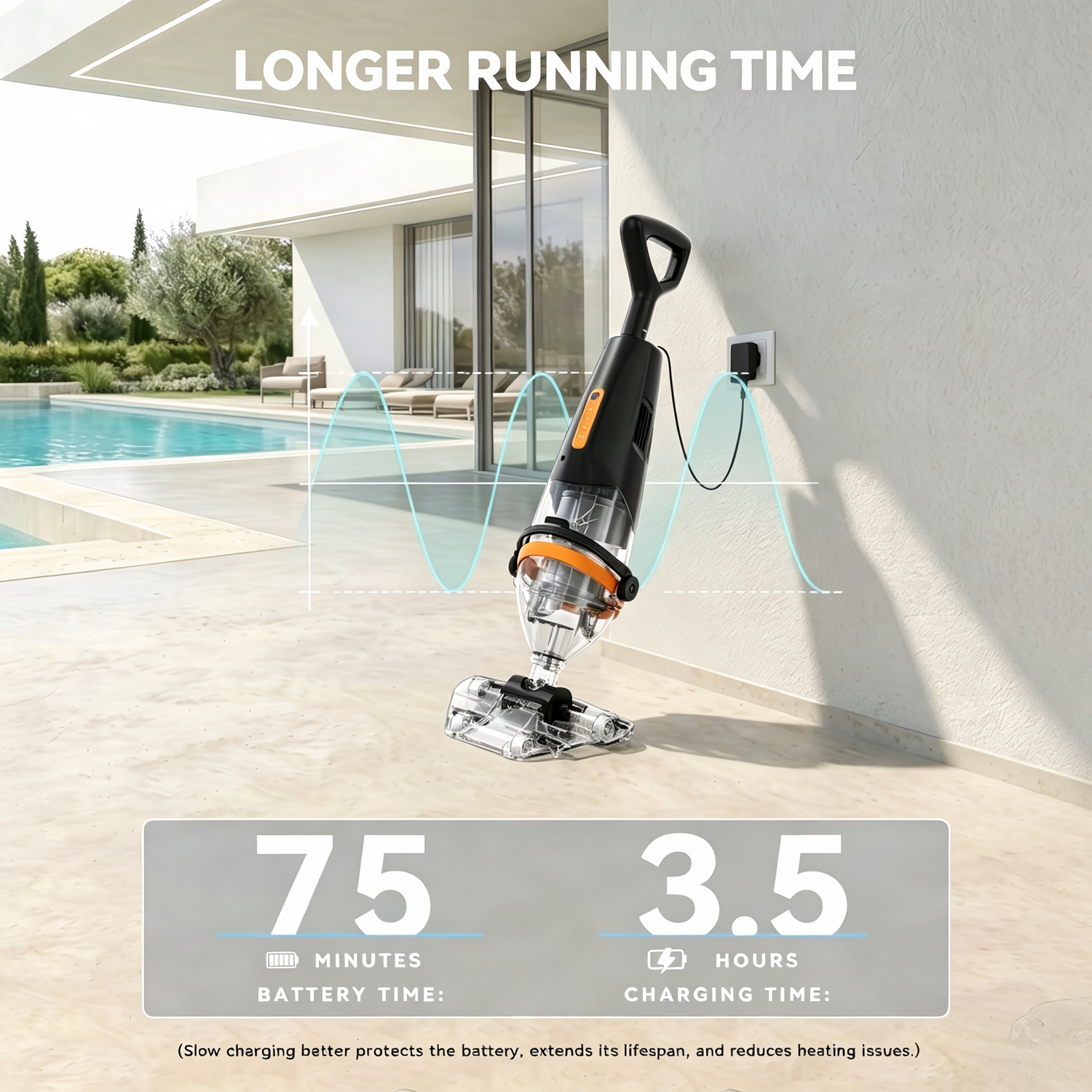 Long runtime display: 75 mins working pool vacuum