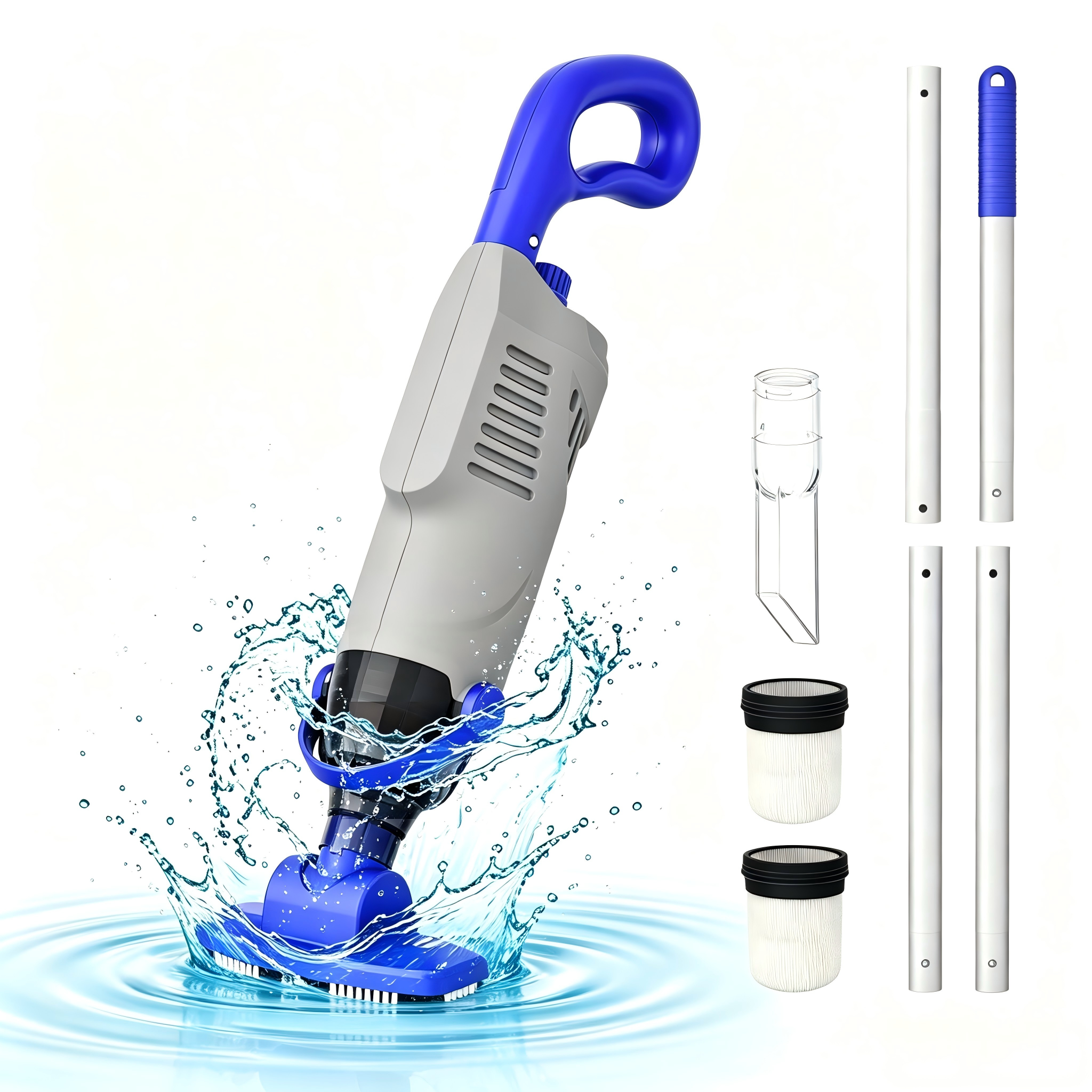 Gray pool cleaner set with extension poles and filter cartridges