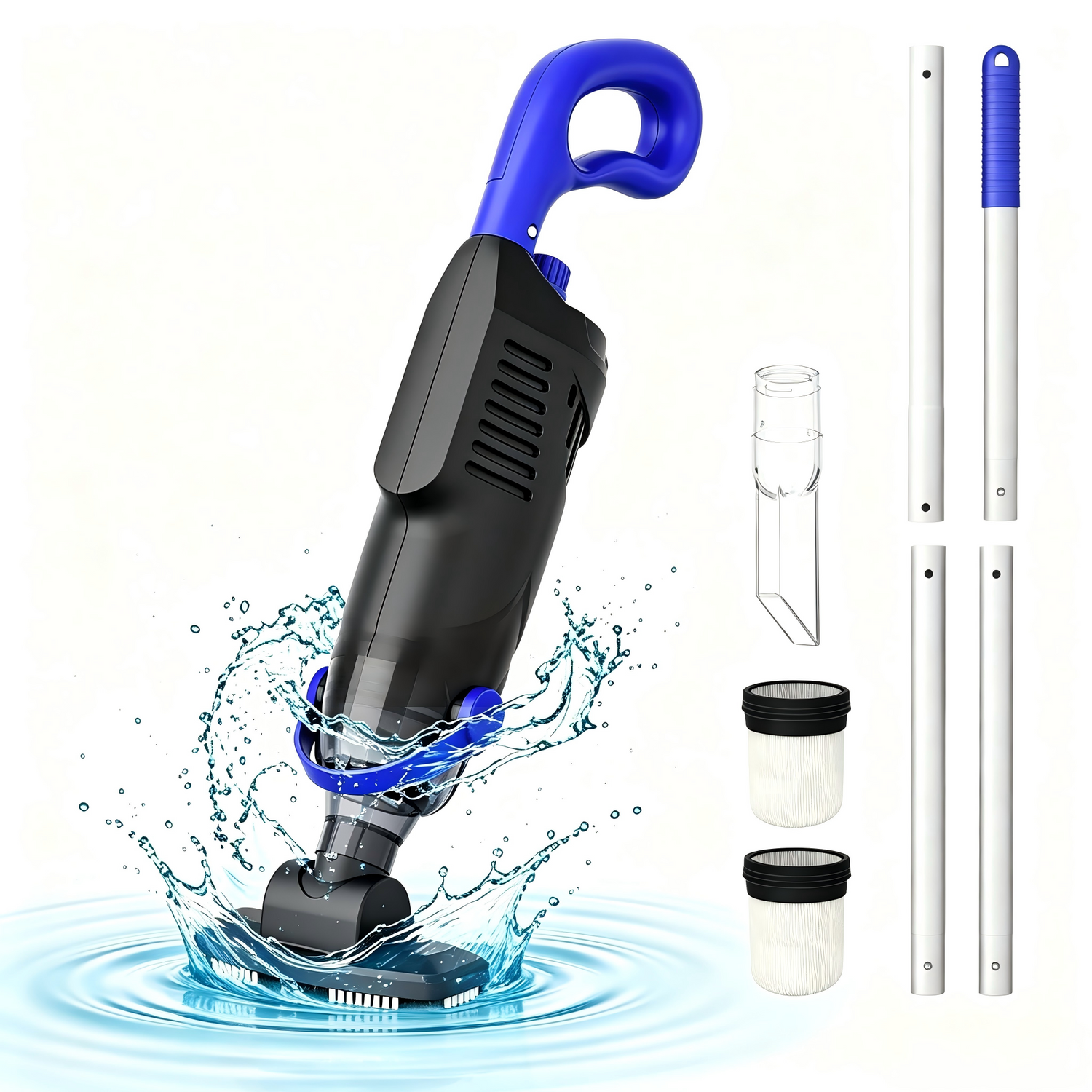 Black pool cleaner set with extension poles and filter cartridges