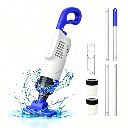 White pool cleaner set with extension poles and filter cartridges
