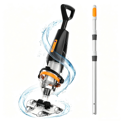 Black shark pool vacuum with extension pole, underwater splash render