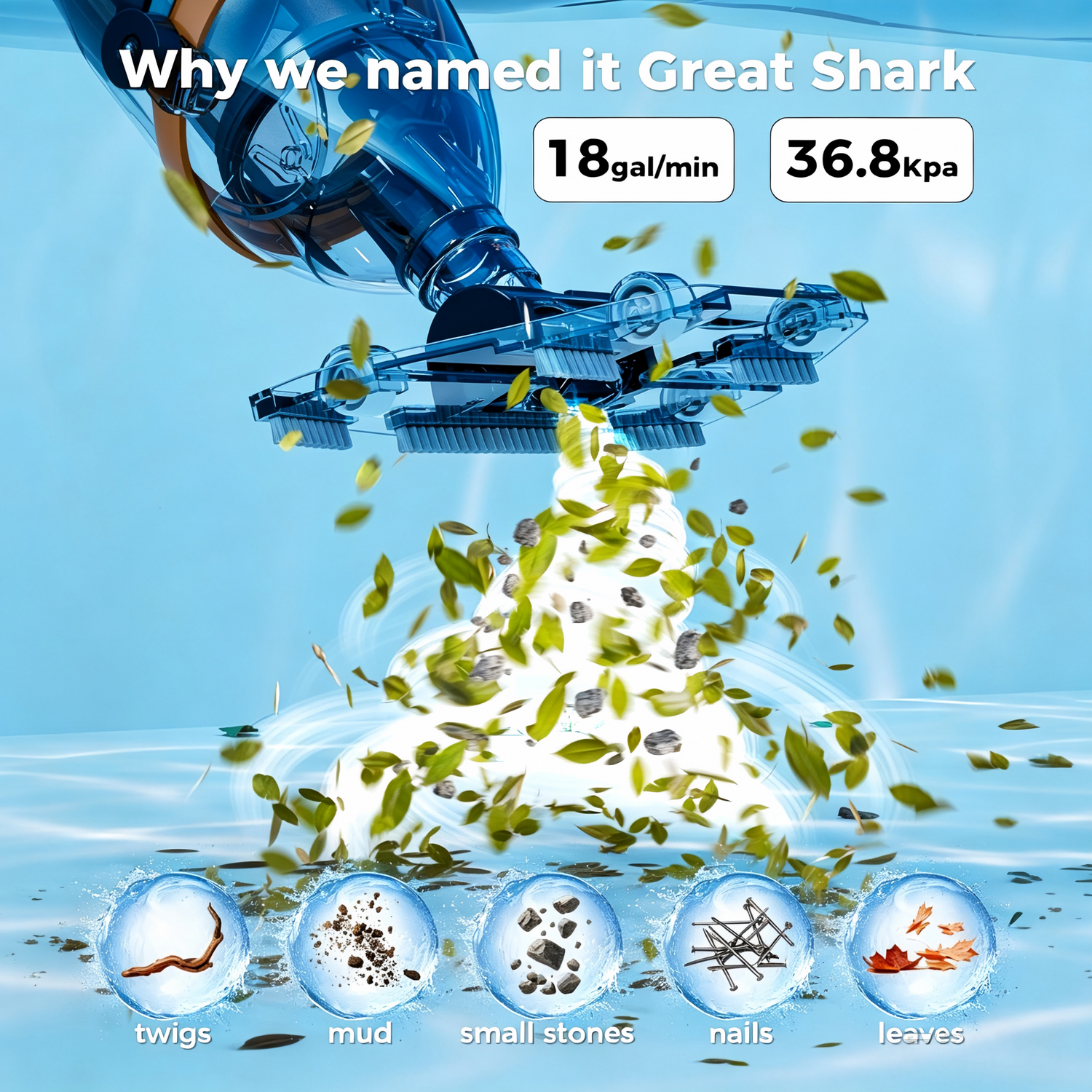 Powerful suction demonstration of Great Shark pool cleaner