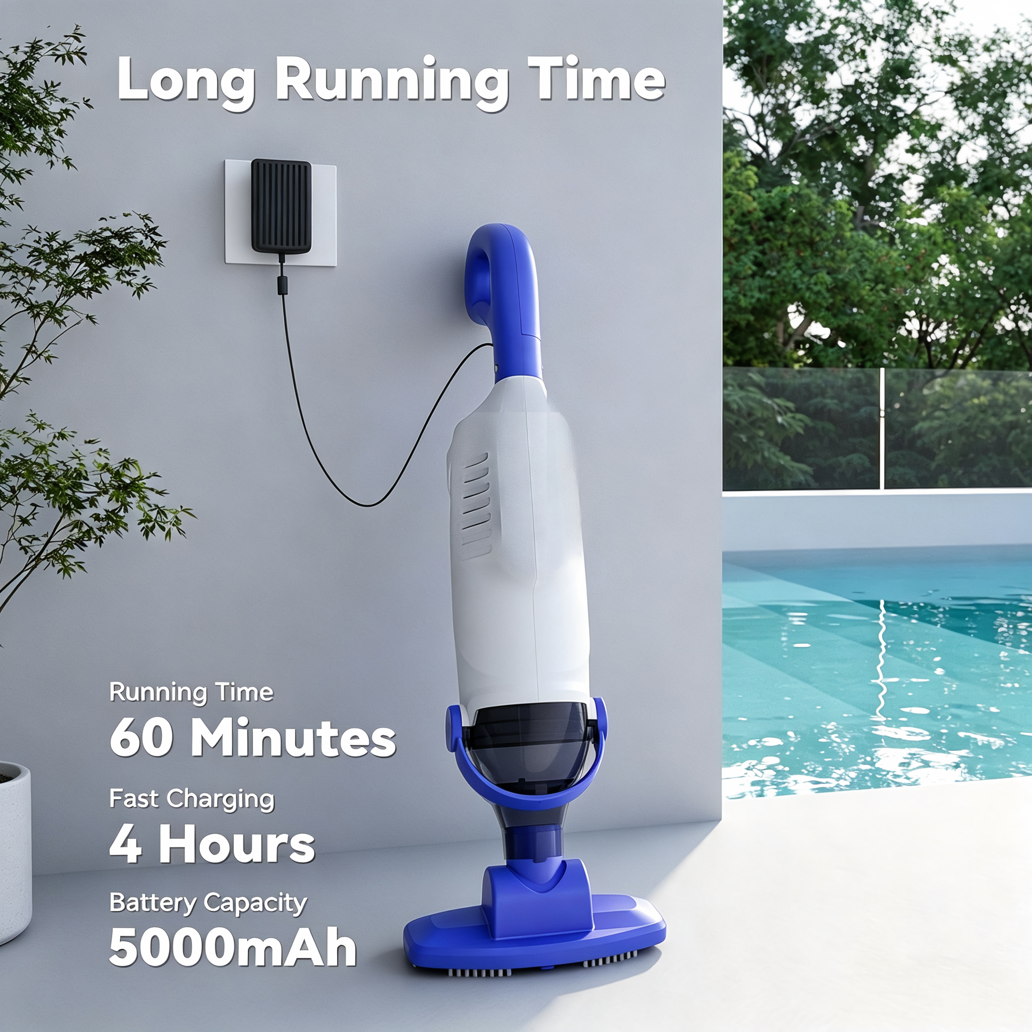 5000mAh pool vacuum charging display, 60 mins working time