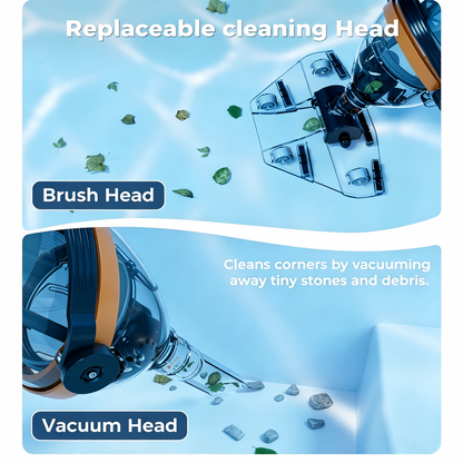 Replaceable dual cleaning heads: brush head &amp; vacuum head